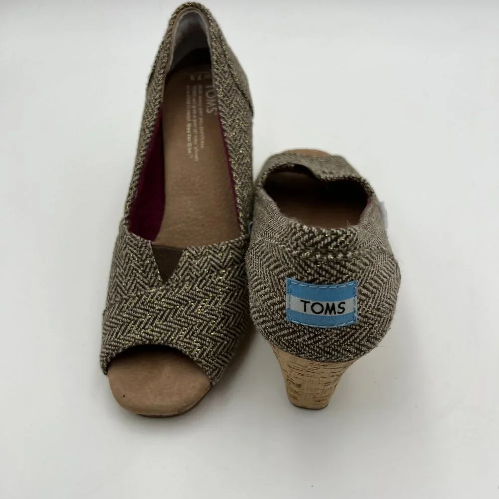 TOMS Stella Calypso Brown Metallic Herringbone Tweed Peep Toe Cork Wedge…‎